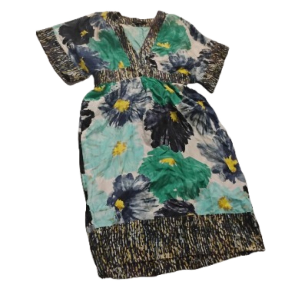 2000s Style Bcbgmaxazria Women's Floral V Neck Short Sleeve Silk Dress
